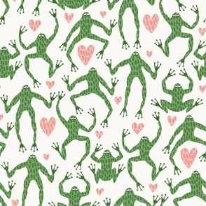 i heart frogs - kelly green leap frogs and pink hearts on an off white background - 12x12 inch repeat - medium