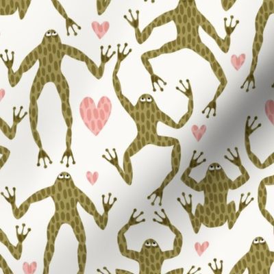 i heart frogs - moss green frogs and pink hearts on an off white background - 12x12 inch repeat - medium