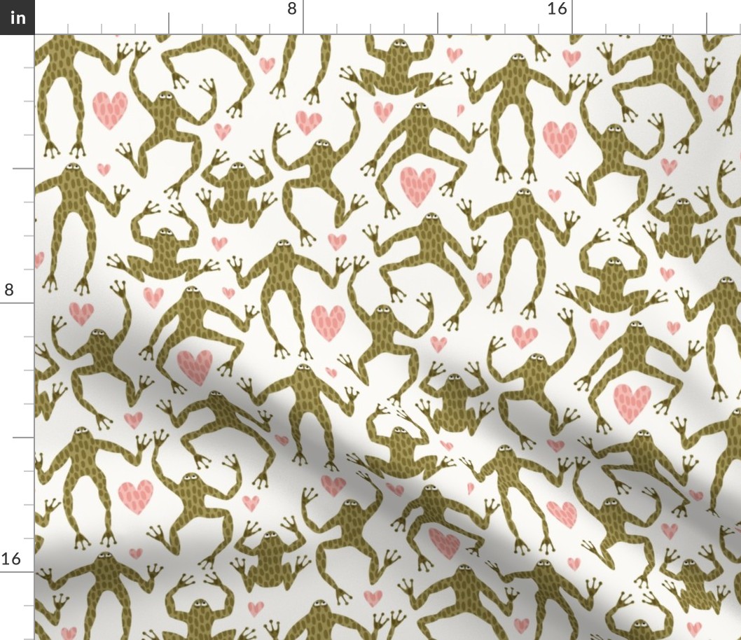 i heart frogs - moss green frogs and pink hearts on an off white background - 12x12 inch repeat - medium