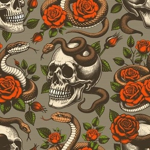 Vintage retro dark academia gothic skull with a snake and rose flower