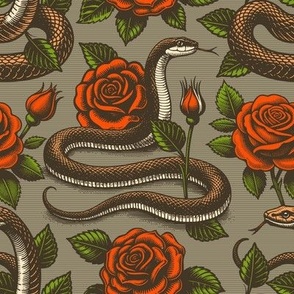 Vintage retro dark academia gothic snake and rose flower
