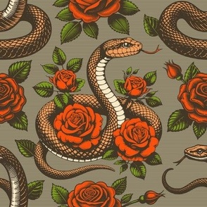 Vintage retro dark academia gothic snake and rose flower