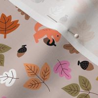 Little squirrels with nuts and acorns - fall leaves vintage design for kids green pink orange on beige
