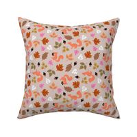 Little squirrels with nuts and acorns - fall leaves vintage design for kids green pink orange on beige