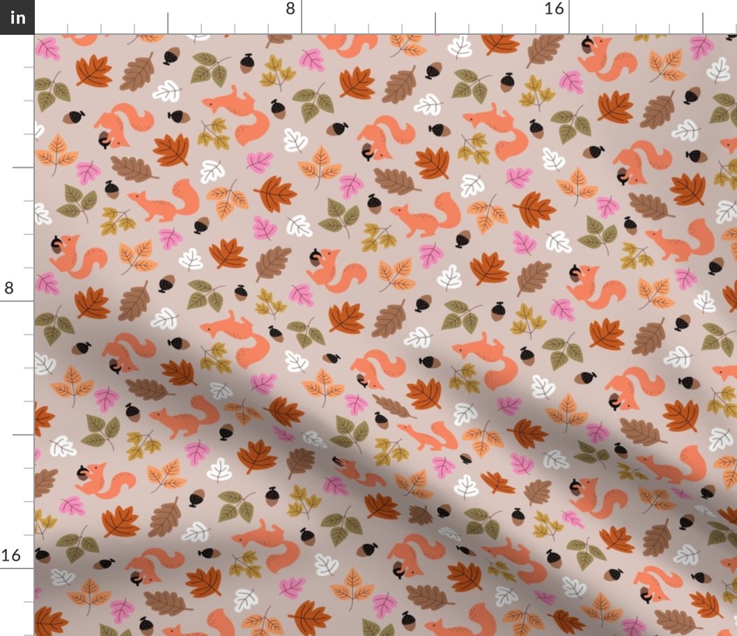 Little squirrels with nuts and acorns - fall leaves vintage design for kids green pink orange on beige