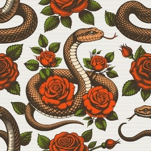 Vintage retro dark academia gothic snake and red rose flower