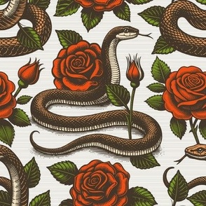 Vintage retro dark academia gothic snake and red rose flower
