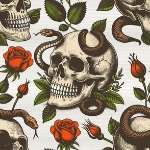 Vintage retro dark academia gothic snake skull and rose flower