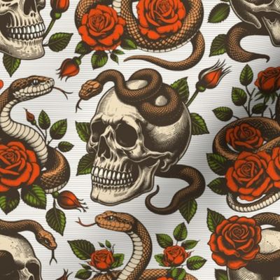 Vintage retro dark academia gothic snake skull and rose flower