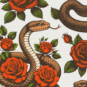 Big Size. Vintage retro dark academia gothic snake and red rose flower