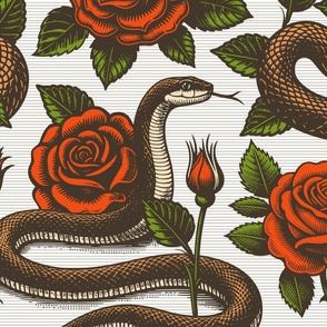 Big Size. Vintage retro dark academia gothic snake and red rose flower