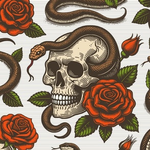 Big Size. Vintage retro dark academia gothic snake skull and red rose flower