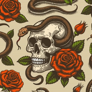 Big Size. Vintage retro dark academia gothic snake skull and red rose flower