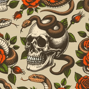 Big Size. Vintage retro dark academia gothic snake skull and red rose flower