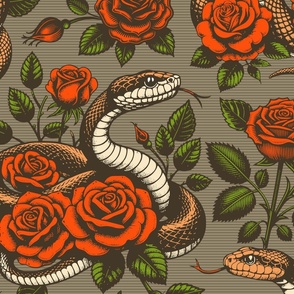 Big Size. Vintage retro dark academia gothic snake and red rose flower