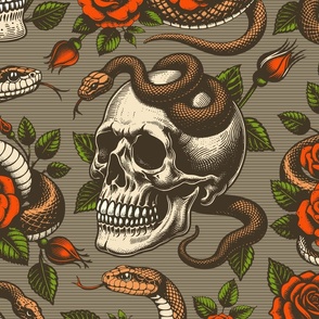 Big Size. Vintage retro dark academia gothic snake skull and red rose flower