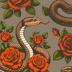 Big Size. Vintage retro dark academia gothic snake and red rose flower