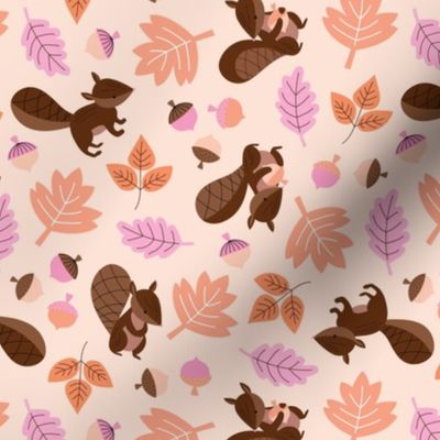 Little squirrels with nuts and acorns - fall leaves vintage design for kids green pink orange on blush cream 