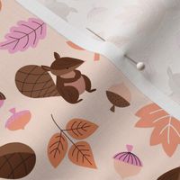 Little squirrels with nuts and acorns - fall leaves vintage design for kids green pink orange on blush cream 