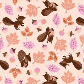 Little squirrels with nuts and acorns - fall leaves vintage design for kids green pink orange on blush cream 