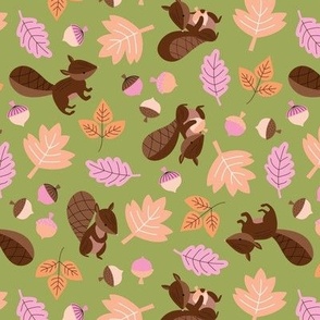 Little squirrels with nuts and acorns - fall leaves vintage design for kids green pink orange on olive