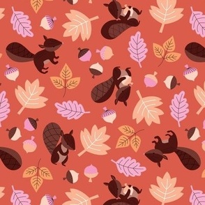 Little squirrels with nuts and acorns - fall leaves vintage design for kids green pink orange on vintage red