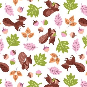 Little squirrels with nuts and acorns - fall leaves vintage design for kids green pink orange on white