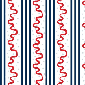 Stripes and Squiggles | Navy Blue, Red and Blue Grey Scallops and Polka Dots