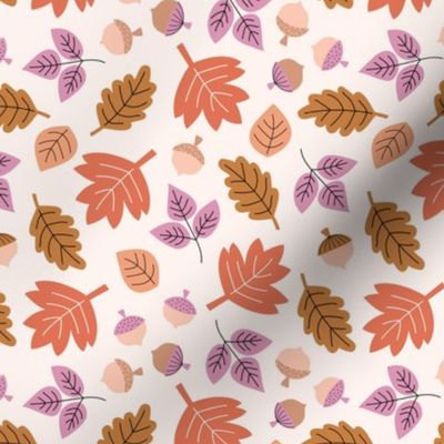 Oak maple and birch leaves and acorns - Fall petals and chestnuts vintage orange brown fuchsia