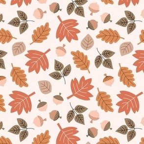 Oak maple and birch leaves and acorns - Fall petals and chestnuts vintage orange green on cream sand