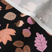 Oak maple and birch leaves and acorns - Fall petals and chestnuts vintage peach pink blush on black