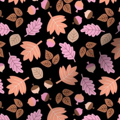 Oak maple and birch leaves and acorns - Fall petals and chestnuts vintage peach pink blush on black