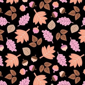 Oak maple and birch leaves and acorns - Fall petals and chestnuts vintage peach pink blush on black