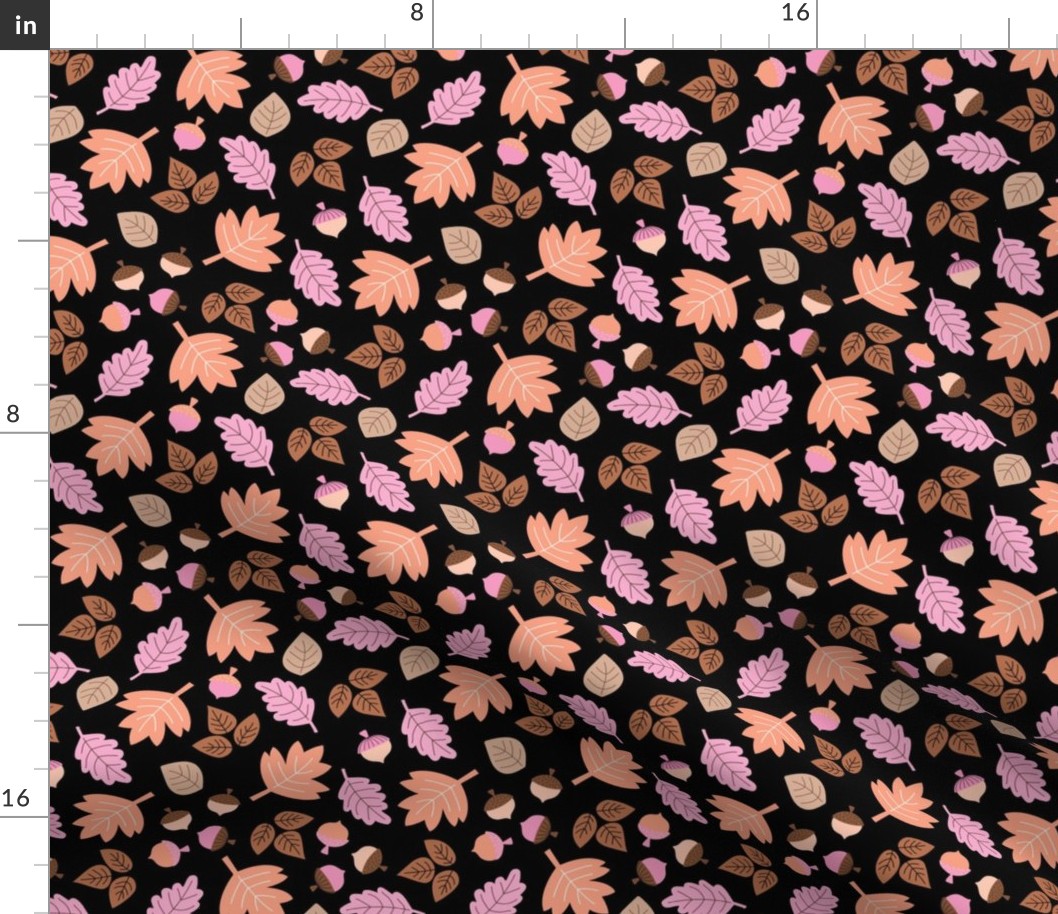 Oak maple and birch leaves and acorns - Fall petals and chestnuts vintage peach pink blush on black