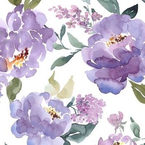 Large / Watercolor Peony Florals Lavender and Purple