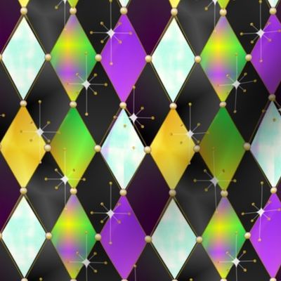 Atomic Sky Mardi Gras Harlequin Argyle -- Mardi Gras Gold, Purple, Green Diamonds over Black with Aqua Blue and Ombre Diamond-- 751dpi (20% of Full Scale) -- 4.2in x 5.01in repeat