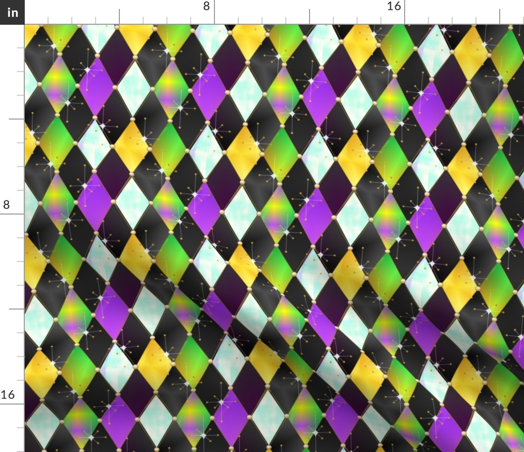 Atomic Sky Mardi Gras Harlequin Argyle -- Mardi Gras Gold, Purple, Green Diamonds over Black with Aqua Blue and Ombre Diamond-- 751dpi (20% of Full Scale) -- 4.2in x 5.01in repeat