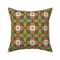 Interlocking Floral Medallions in Shades of Charcoal and Slate with Accents of Kiwi Green and Tangerine on a Deep Navy Canvas
