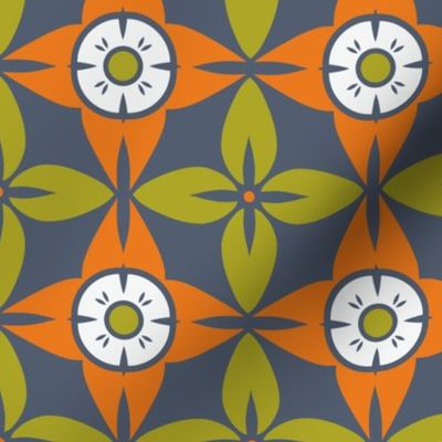 Interlocking Floral Medallions in Shades of Charcoal and Slate with Accents of Kiwi Green and Tangerine on a Deep Navy Canvas