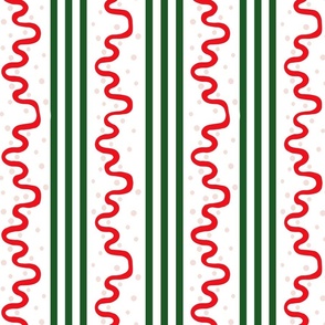 Stripes and Squiggles in Red and Green |  Hunter Green, Red and Blush Stripes, Scallops and Polka Dots