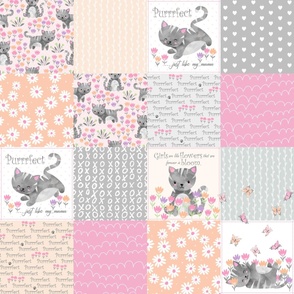Spring Kitten Patchwork Quilt- kitten fabric, kitty flowers baby girl bedding (pink and peach pattern A)