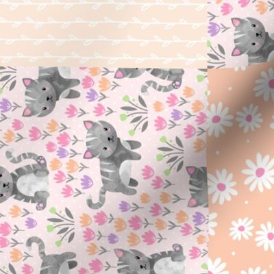 Spring Kitten Patchwork Quilt- kitten fabric, flowers baby girl bedding (pink and peach pattern A) ROTATED