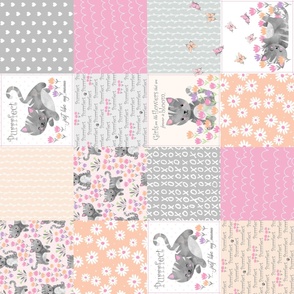 Spring Kitten Patchwork Quilt- kitten fabric, flowers baby girl bedding (pink and peach pattern A) ROTATED