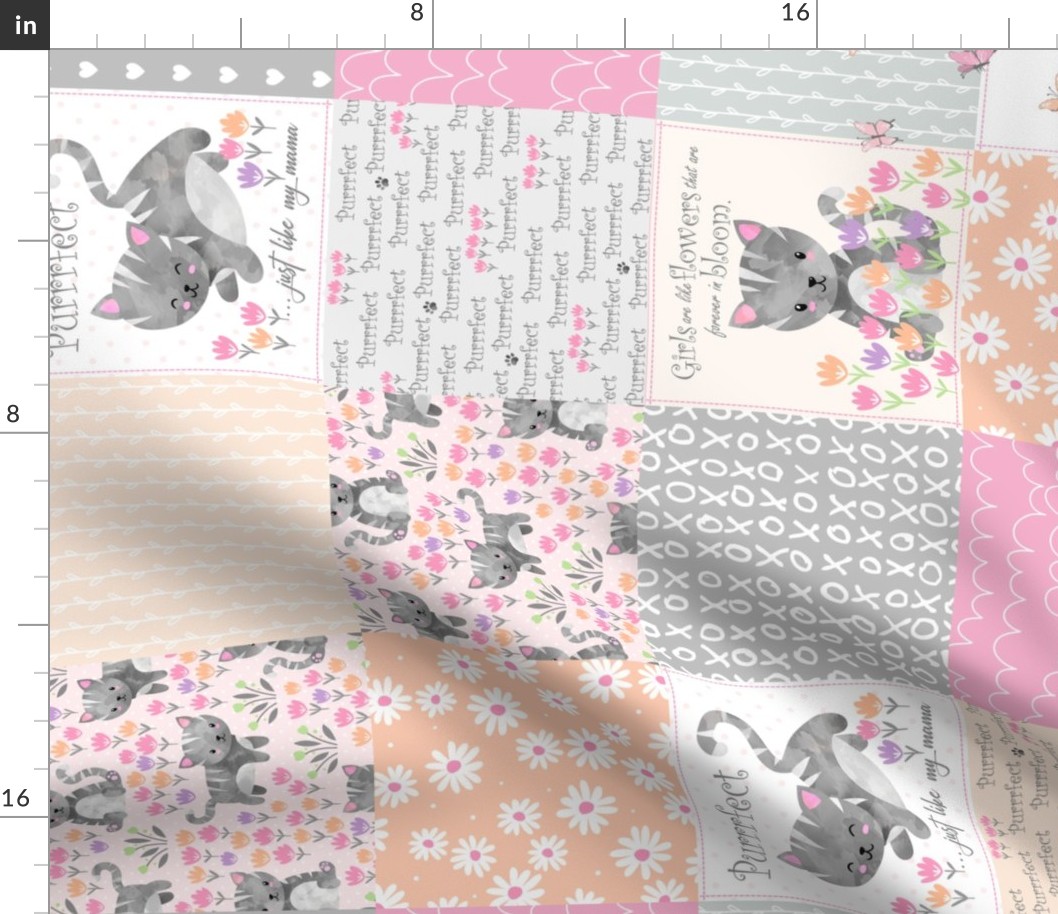 Spring Kitten Patchwork Quilt- kitten fabric, flowers baby girl bedding (pink and peach pattern A) ROTATED