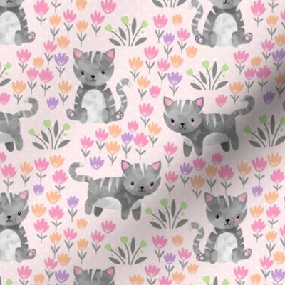 Spring Kittens and Flowers, shell pink – baby girl fabric (6” repeat)