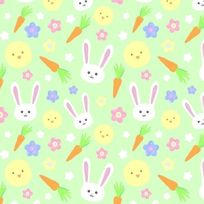 Watercolor Easter Bunnies And Chicks On Green