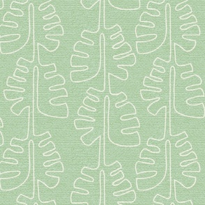 Abstract Cream Leaves in Vertical Rows on Soft Green Faux Textured Ground Medium Scale