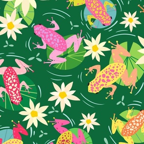 Leap frogs, water lily, lily pads,  bright multi-coloured, kids room, large