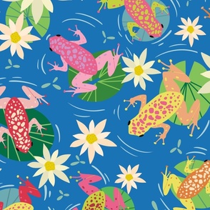 Leap frogs, water lily, lily pads,, bright  multi-coloured, kids room, large