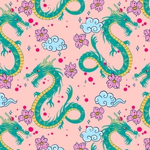 Chinese Dragon - turquoise & pink